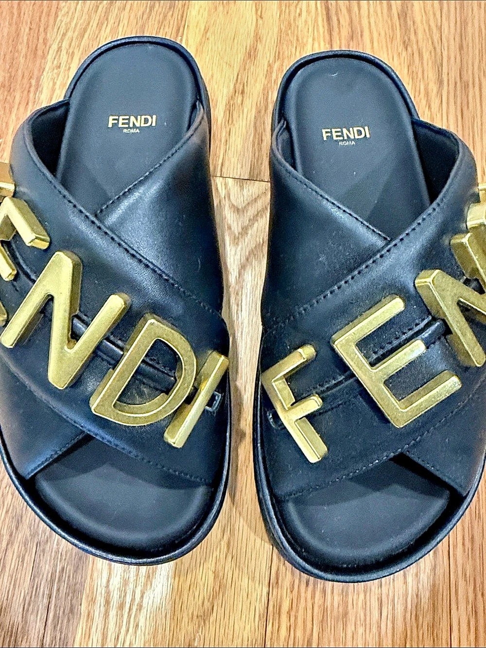 Fendi Fendigraphy Logo Crisscross Leather Slide Sandals Black & Gold